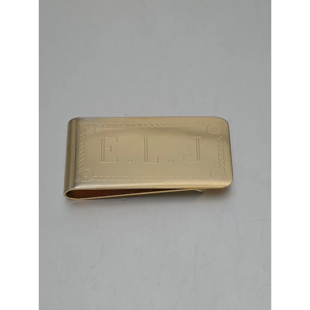 Vtg E.L.J. Monogramed Money Clip Credit Card Holder‎ Gold Plate FREE $HIPPING!!